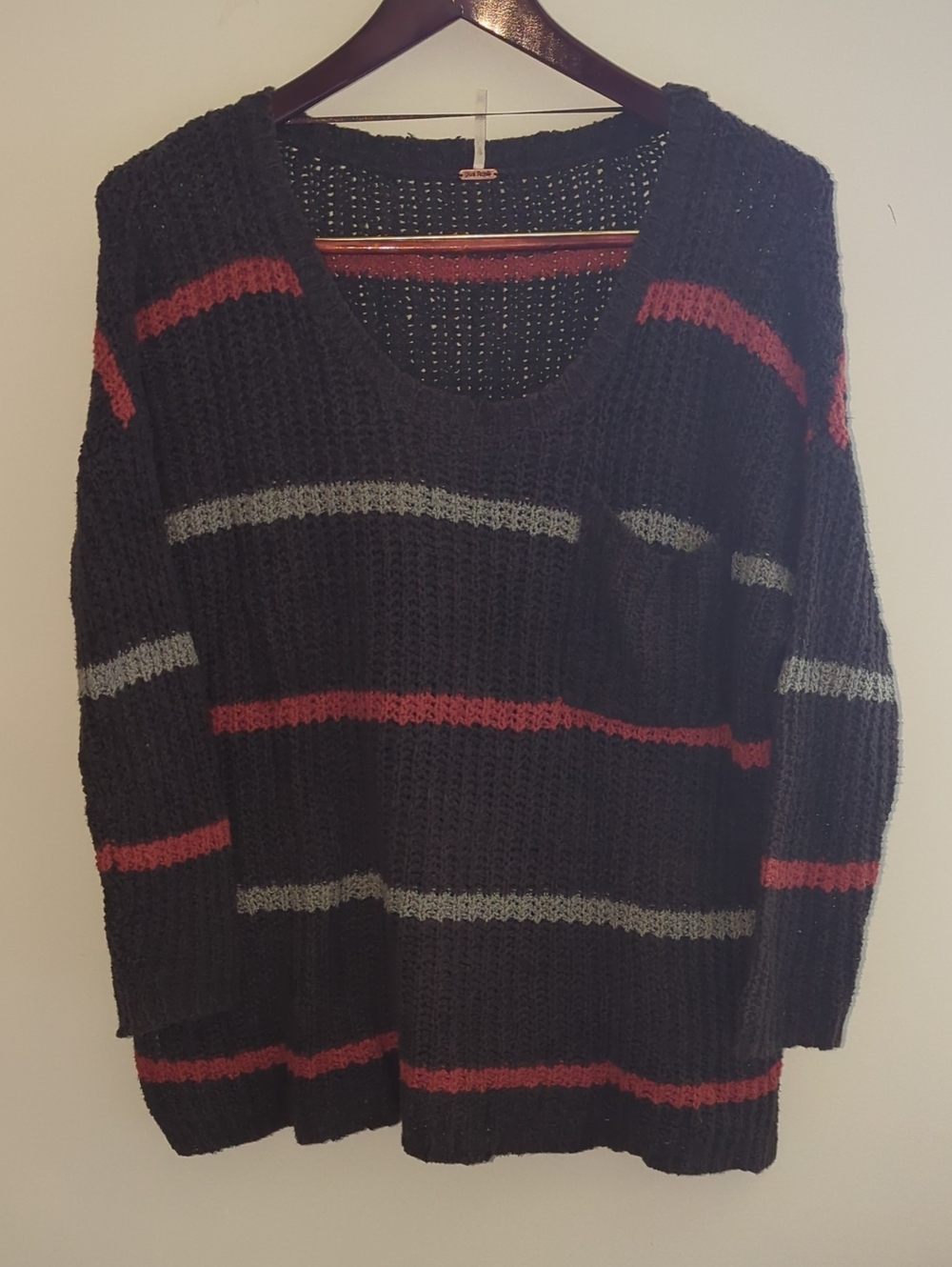 Free People Oversized Black Knit Sweater with Red and Gray Stripes XS